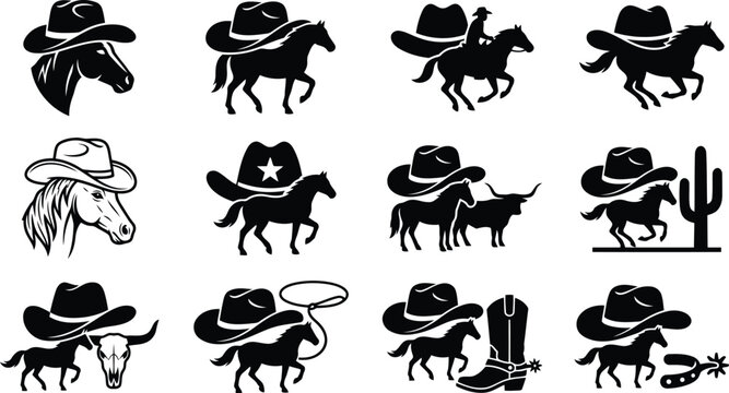 Collection of twelve black and white featuring horses and cowboy hats combined with western symbols like skulls, lassos, boots, and cacti