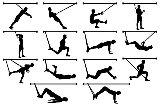 Silhouettes of fitness exercises using suspension training equipment.