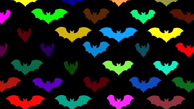 Batastic Colorful Flying Bats 4K Loop features bat silhouettes in multiple colors blinking and changing colors flying upward on the screen in a loop.