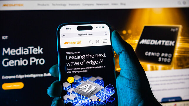 A close up of a hand holding an iphone 14 pro displaying mediatek.com website with generative ai on its screen.