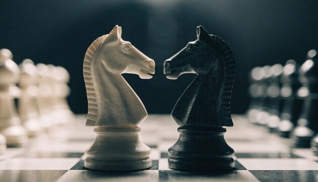 Two wooden chess knights facing each other on an old rustic board representing competition