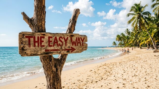 Wooden signpost on a tropical beach pointing to the easy way