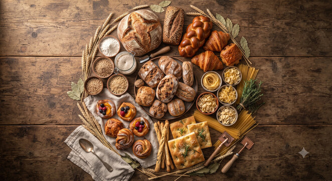 Assorted artisan breads pastries pasta and baked goods arranged in a circular composition celebrating traditional bakery craftsmanship and homemade baking
