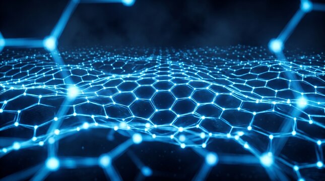 Glowing Blue Hexagonal Mesh Network with Connected Glowing Nodes for Cyber Security and Science Background