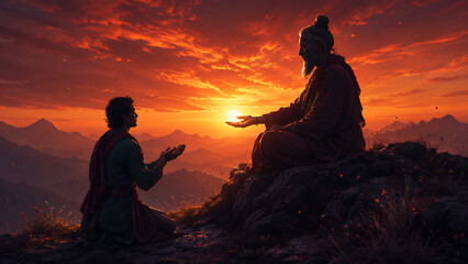 Obraz premium Guru purnima spiritual teacher blessing kneeling disciple with radiant sunlight across mountain landscape during hindu religious festival celebrating wisdom faith gratitude and enlightenment