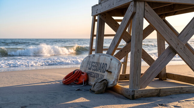 Lifeguard tower on a sunny beach at sunrise celebrating Lifeguard Appreciation Day with safety equipment near a lifeguard pool and ocean waves