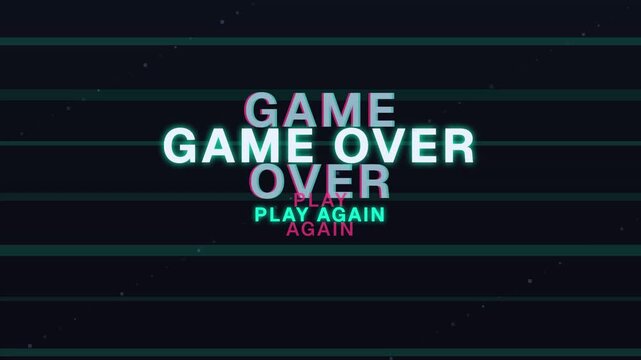 Retro game over screen with glitch effect, neon play again text on scanline background, vintage 80s arcade aesthetic video loop