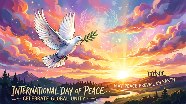 White dove carrying olive branch soaring above majestic sunrise landscape celebrating global harmony with stand together distant flying