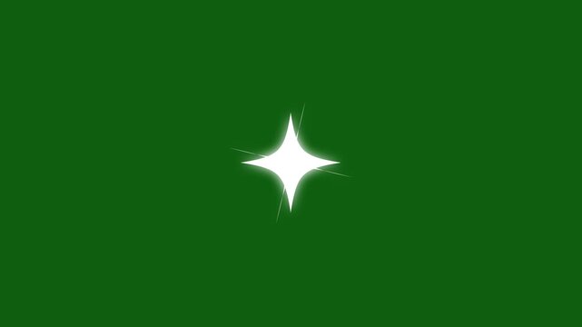 Single white glitter star blinking animation with twinkling shine, sparkle burst and glowing light trails, flat vector doodle effect on green screen in 4k