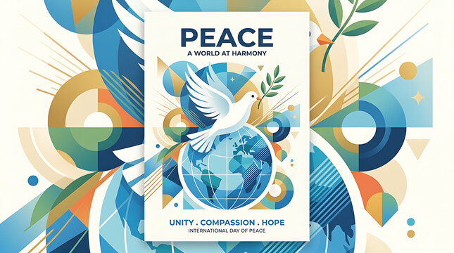 International day of peace poster featuring white dove carrying olive branch over geometric globe illustration with displays stylized poster