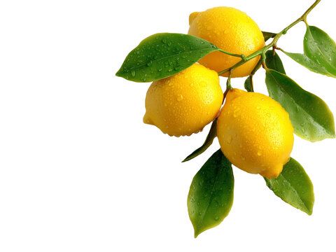 Fresh ripe yellow lemons with green leaves and water droplets isolated on a white background. Natural citrus fruit composition with copy space, perfect for healthy food and organic design concepts.