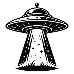 Alien Spacecraft UFO Hovering with Light Beam Vector Design © Mishon