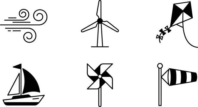 Windrelated icons including wind gusts, wind turbine, kite, sailboat, pinwheel, and windsock