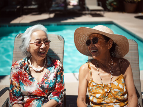 Two happy senior women relaxing on lounge chairs by a swimming pool, laughing and enjoying sunny summer day. Concept of friendship, retirement lifestyle, leisure, vacation and active aging.
