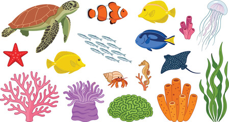 Obraz premium Tropical Coral Reef Marine Life Vector Element Collection with Sea Turtle, Fish, Jellyfish, and Aquatic Plants for Ocean Nature Designs