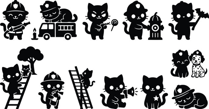 Twelve black cat silhouettes as firefighters, holding hoses, ladders, and fire extinguishers, isolated on a white background