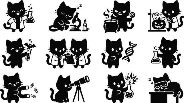 Twelve black cat silhouettes depicted as scientists and researchers in various laboratory settings, using microscopes and chemical glassware