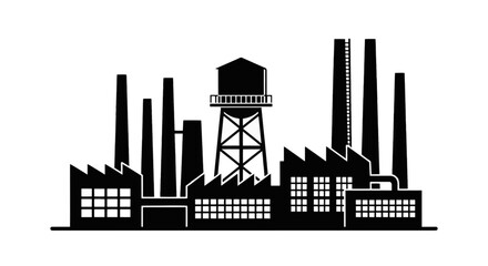 Obraz premium Vector illustration of industrial factory silhouette with chimneys and water tower on a transparent background
