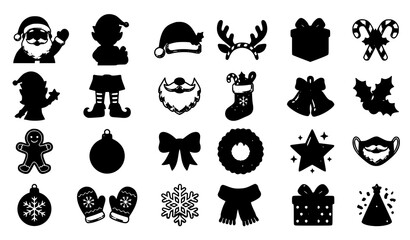 Cartoon Christmas vector icon set with Santa Claus elves gift boxes reindeer hats festive holiday and New Year symbols © Mst Jui