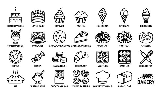 Bakery dessert line icon collection with sweet cakes muffins ice cream cookies and pastry vector illustrations