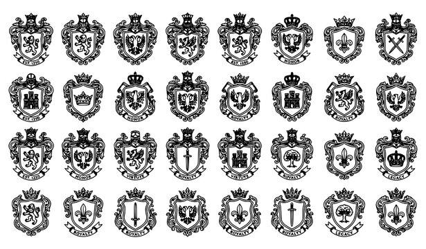 Royal shield badge vector set with vintage heraldic crest coat of arms ornamental frames and luxury emblems