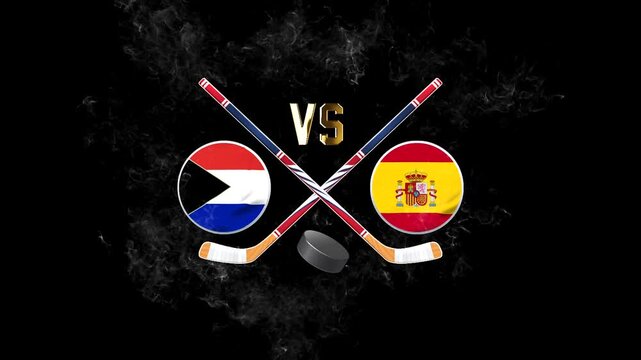 Sint Eustatius vs Spain hockey match concept with crossed hockey sticks, puck, and national flags on a dark background