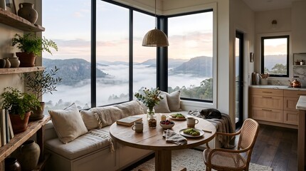 Fototapeta premium Cozy Breakfast Nook with Misty Mountain Sunrise View