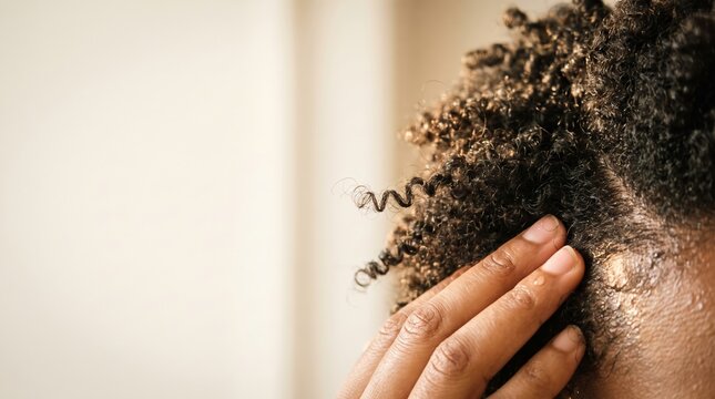 Extreme close-up of fingers applying oil to tightly coiled hair at scalp, natural hair care with copy space