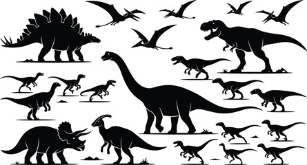 Dinosaur silhouettes big bundle collection vector icons set isolated on white background for prehistoric theme graphics © MD