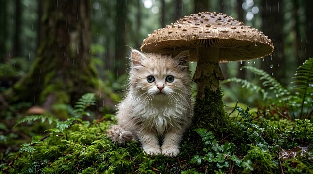 A fluffy ginger kitten sitting under a large mushroom in a lush green forest with mossy ground.