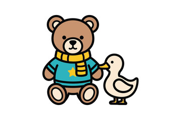 Fototapeta premium Cute Teddy Bear and Duckling Cartoon Illustration
