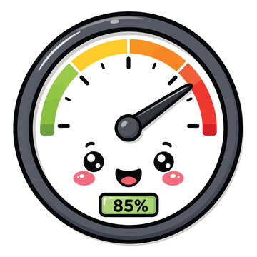 Cute smiling pressure gauge cartoon vector illustration with eighty five percent indicator isolated on white background