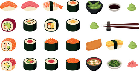 Traditional Japanese sushi vector illustration set featuring maki rolls, nigiri with salmon and shrimp, gunkan ikura, miso soup, edamame, and chopsticks side dishes. © MstRowshanAra