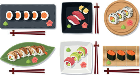 Gourmet Japanese sushi platter vector illustration set featuring maki rolls, tuna nigiri, rainbow rolls, unagi eel rolls, and gunkan on stylish serving plates. © MstRowshanAra