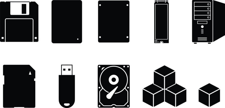 Computer data storage hardware devices and cloud memory units collection featuring floppy disk ssd hdd sd card usb flash drive solid glyph icons