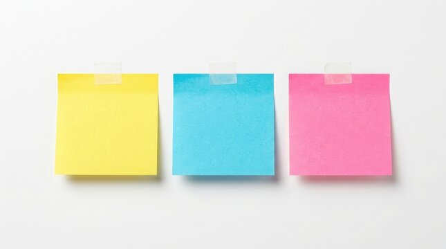 Three colorful square sticky notes in yellow blue and pink isolated on a plain white background for office organization and reminders