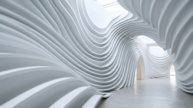 Abstract futuristic interior with flowing white parametric wall curves