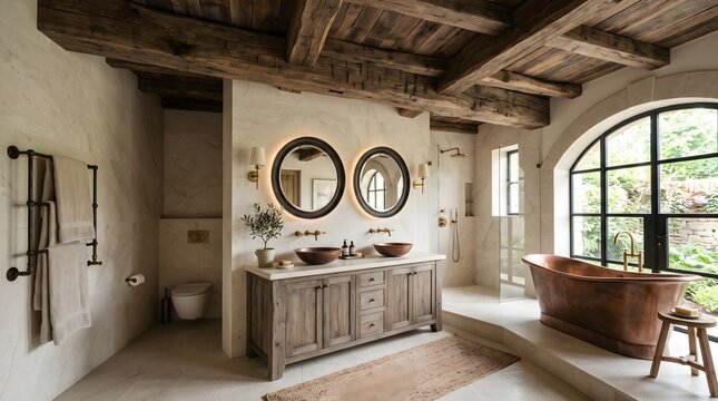Luxurious Modern Rustic Bathroom with Copper Bathtub and Exposed Wooden Beams