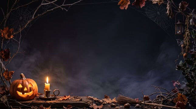  Halloween frame background with jack o lantern and candle, spooky foggy night border with copy space