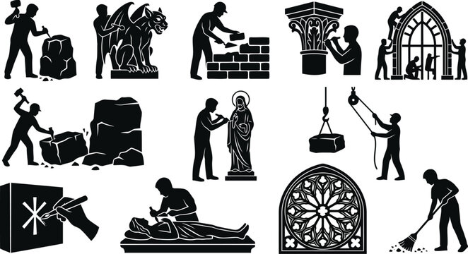 Black silhouette representing stone masonry, sculpture carving, and architectural construction work with tools like hammers and chisels