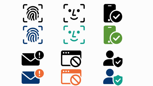 Biometric security symbols: fingerprint, face id, mobile verification, email alerts, privacy icons