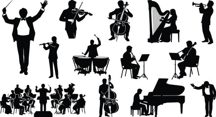 Black silhouettes of a symphony orchestra, including a conductor, violinists, cellists, harpists, and a pianist performing classical music © Mufti