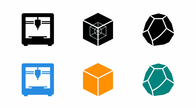 3d printer icons and geometric shapes in black, blue, and orange design