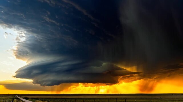 Dramatic supercell thunderstorm cloud over vast prairie at sunset