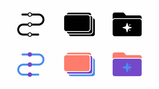 Minimalist icons: workflow, stacks, and starred folders in black and colorful designs
