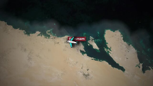 Flight Path Animation from Dammam to Kuwait on Satellite Map Background