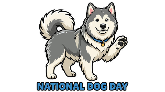 Cute fluffy alaskan malamute dog waving for National Dog Day celebration cartoon mascot with friendly expression isolated