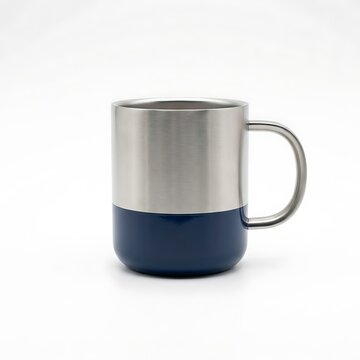 Modern stainless steel coffee mug with a blue bottom and sturdy handle for hot drinks. dipped metal mug