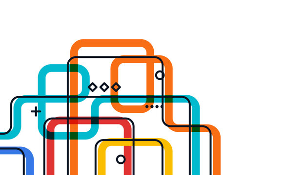 Colorful curved tech connection lines with geometric symbols on a clean white background, suitable for data flow themes, mapping concepts, network design, and modern graphic layouts.