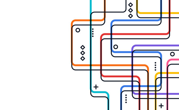 Colorful modern connection lines forming a clean tech pathway with geometric details, suitable for technology themes, data flow concepts, graphic layouts, and creative modern design.